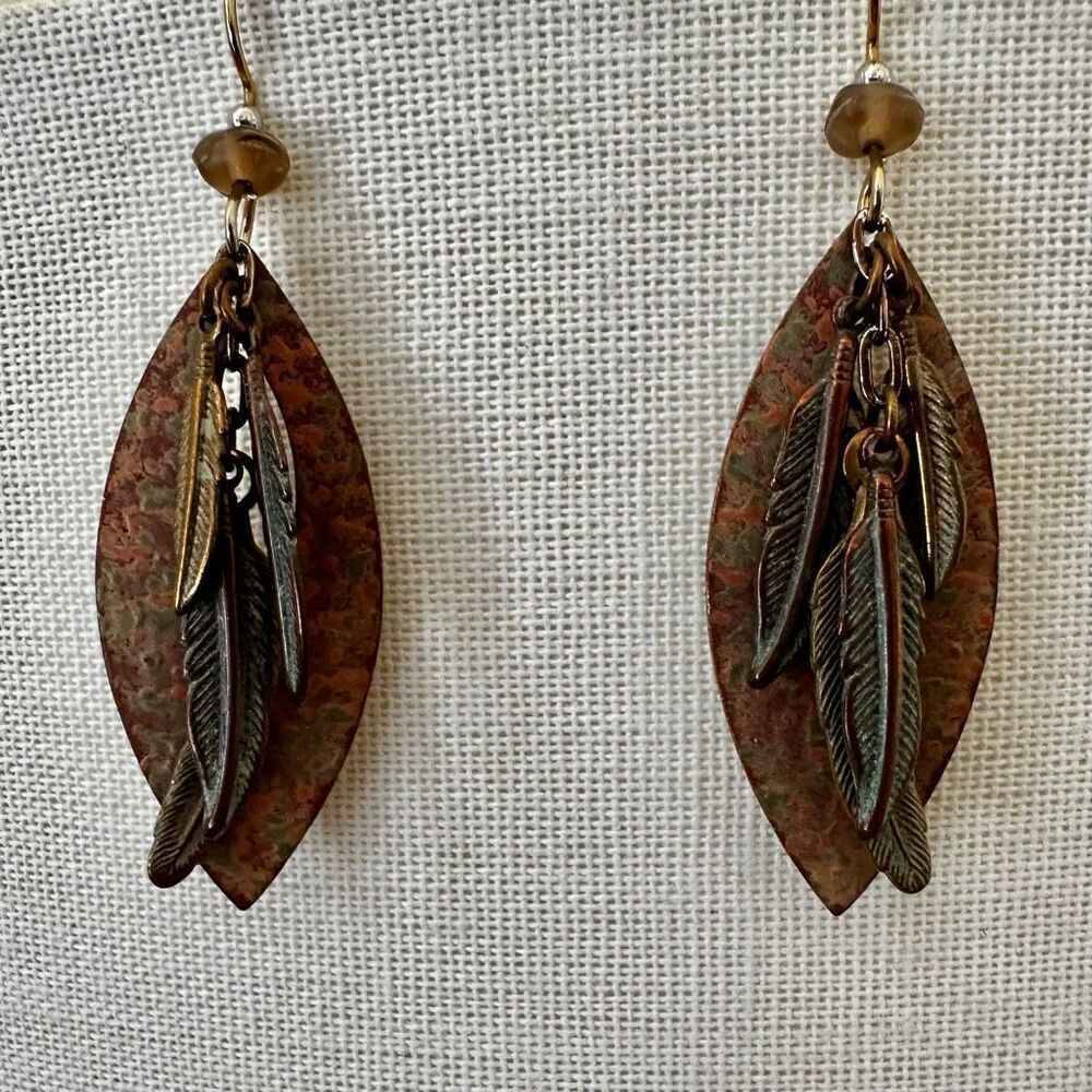 Boho Feather Drop Earrings with Patina Copper & Mixed Metal Charms